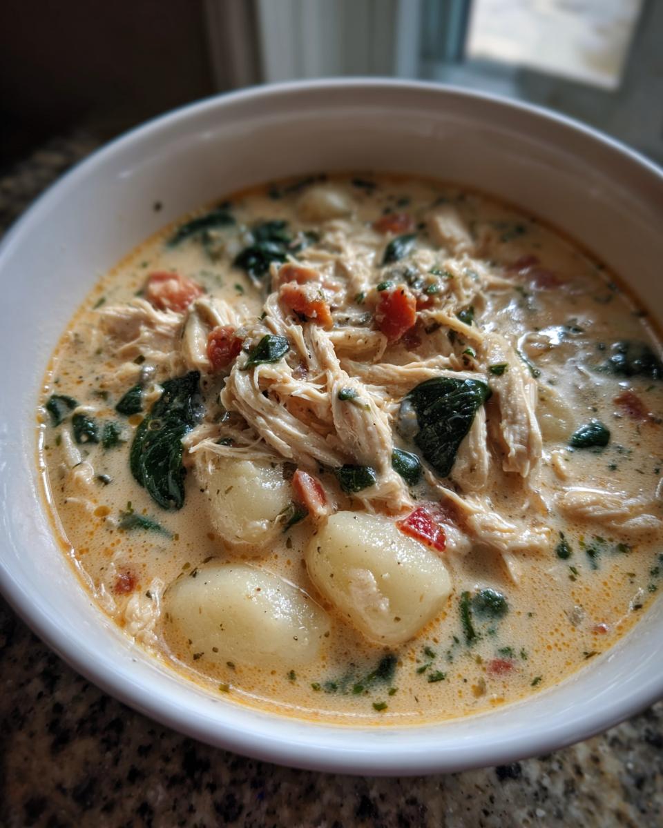 Close-up of a creamy bowl of Olive Garden Chicken Gnocchi Soup featuring shredded chicken, potato gnocchi, and spinach.