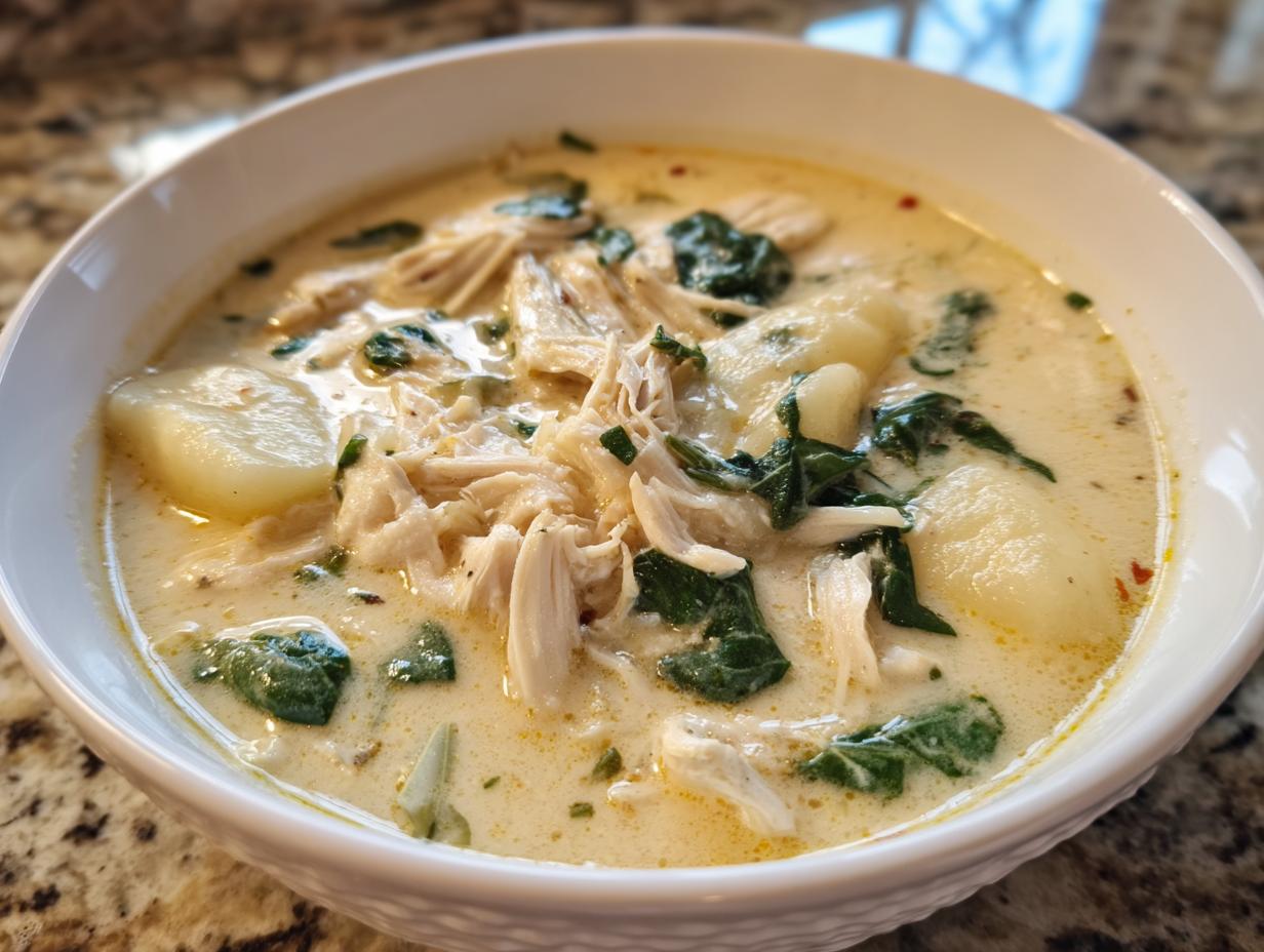 Close-up of a bowl of creamy Olive Garden Chicken Gnocchi Soup with shredded chicken and spinach.