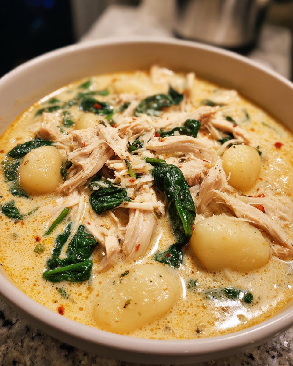 A close-up view of a bowl of creamy Olive Garden Chicken Gnocchi Soup, showing shredded chicken, spinach, and potato gnocchi.