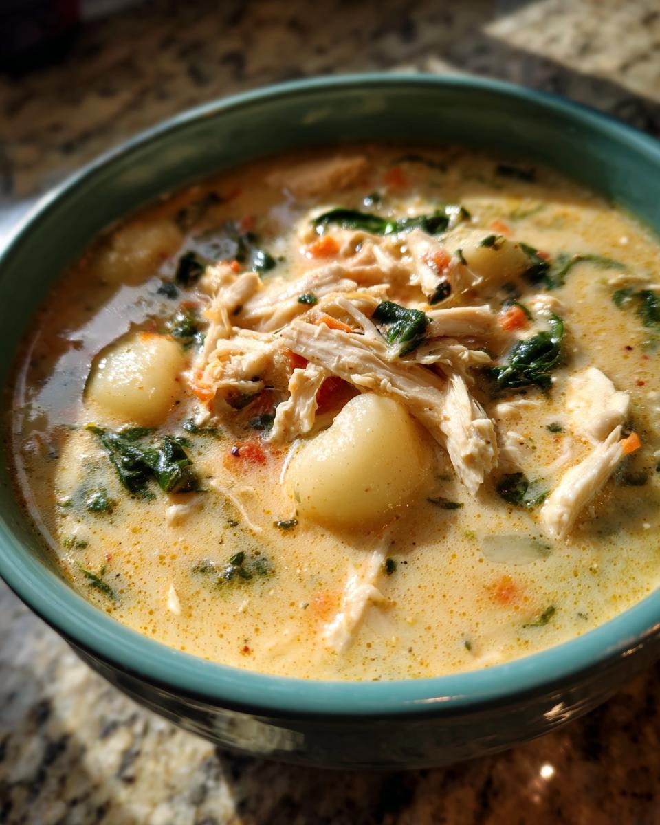 A close-up view of a bowl filled with creamy Olive Garden Chicken Gnocchi Soup, showing shredded chicken, gnocchi, and spinach.