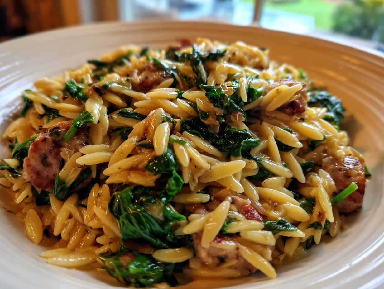 A close-up of a creamy, one-pot orzo pasta dish mixed with browned sausage pieces and wilted spinach.