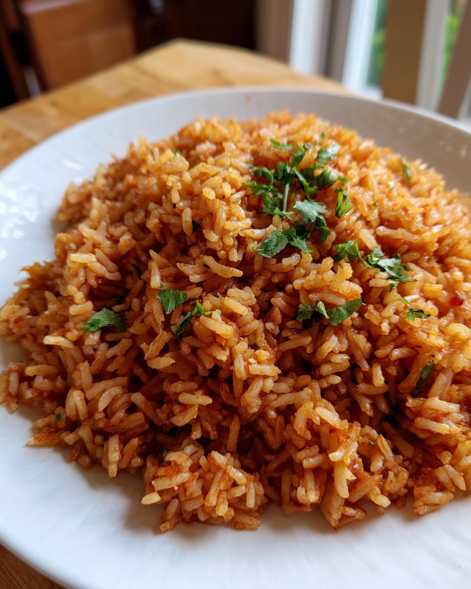 Close-up of a serving of fluffy, seasoned Spanish rice garnished with fresh chopped cilantro on a white plate.