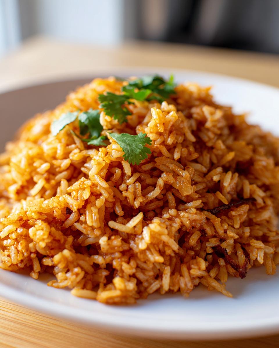 A close-up of a mound of perfectly cooked, reddish-orange Spanish rice garnished with fresh cilantro leaves.