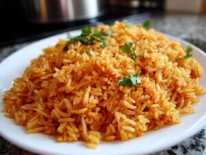 A close-up of a generous serving of vibrant orange Spanish rice garnished with fresh cilantro leaves on a white plate.