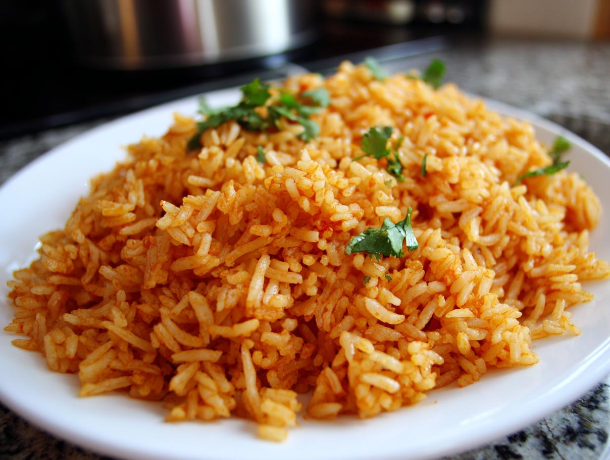 A close-up of a generous serving of vibrant orange Spanish rice garnished with fresh cilantro leaves on a white plate.