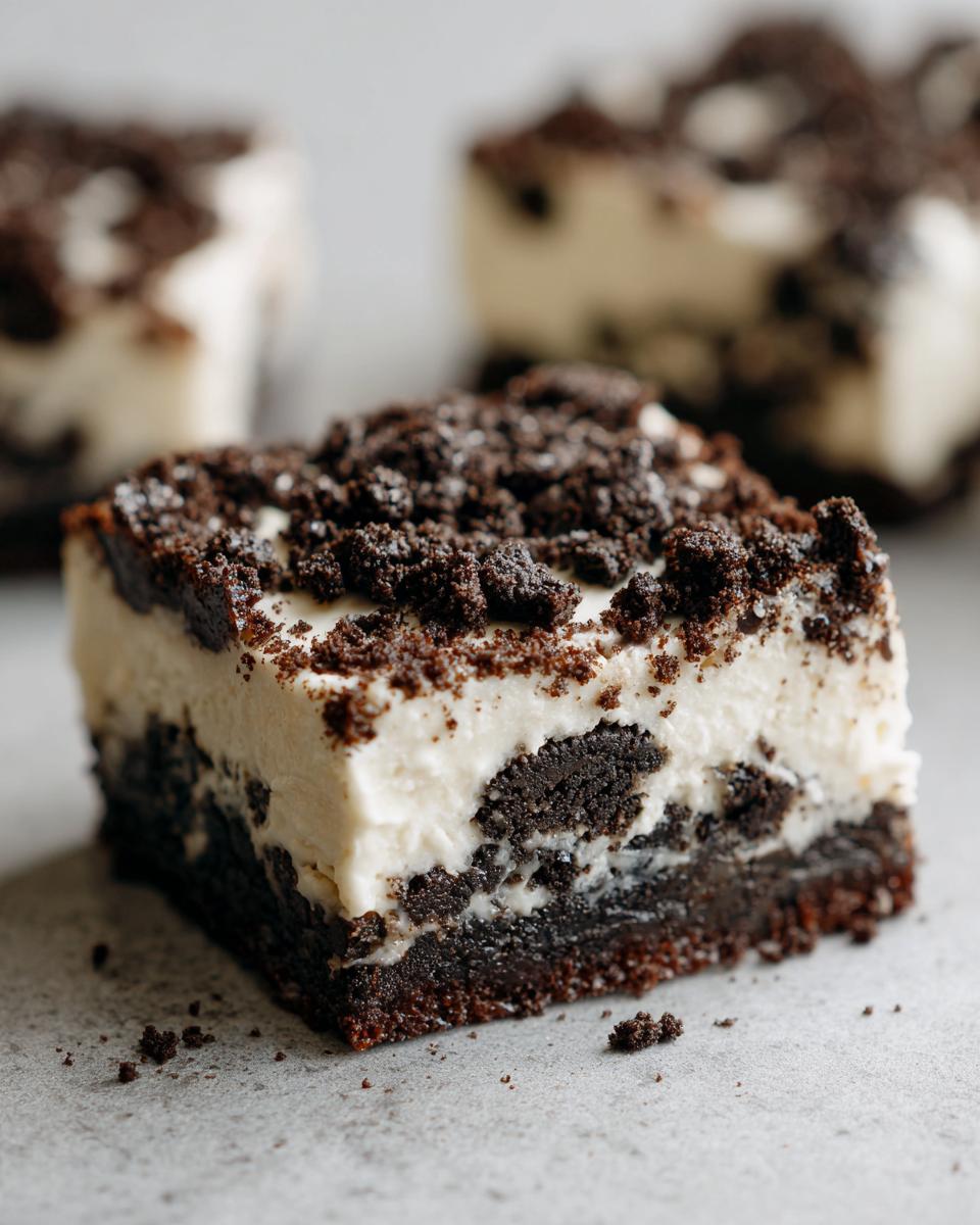 A close-up of a square piece of rich, layered Oreo fudge with a dark chocolate base and creamy white topping.