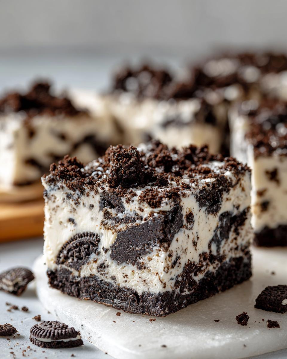 A thick square slice of creamy white Oreo fudge loaded with dark chocolate cookie pieces, topped with crumbs.