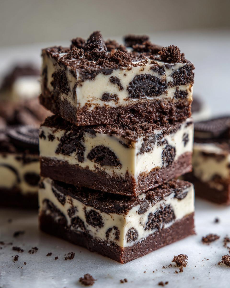 A stack of three rich Oreo fudge squares featuring a dark chocolate base and a creamy white layer studded with cookie pieces.