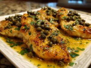 Close-up of three golden-brown chicken piccata fillets covered in a bright lemon butter sauce and capers.