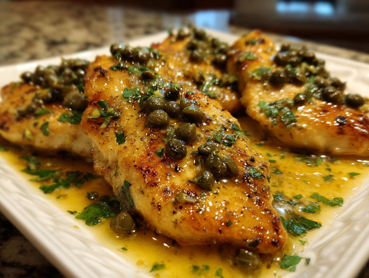 Close-up of three golden-brown chicken piccata fillets covered in a bright lemon butter sauce and capers.