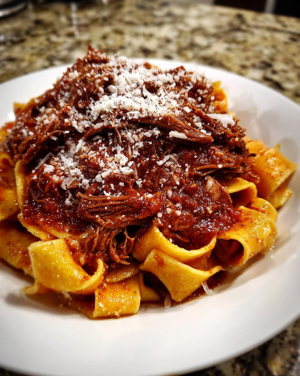 A close-up of wide pappardelle pasta topped generously with rich beef ragu and grated Parmesan cheese.