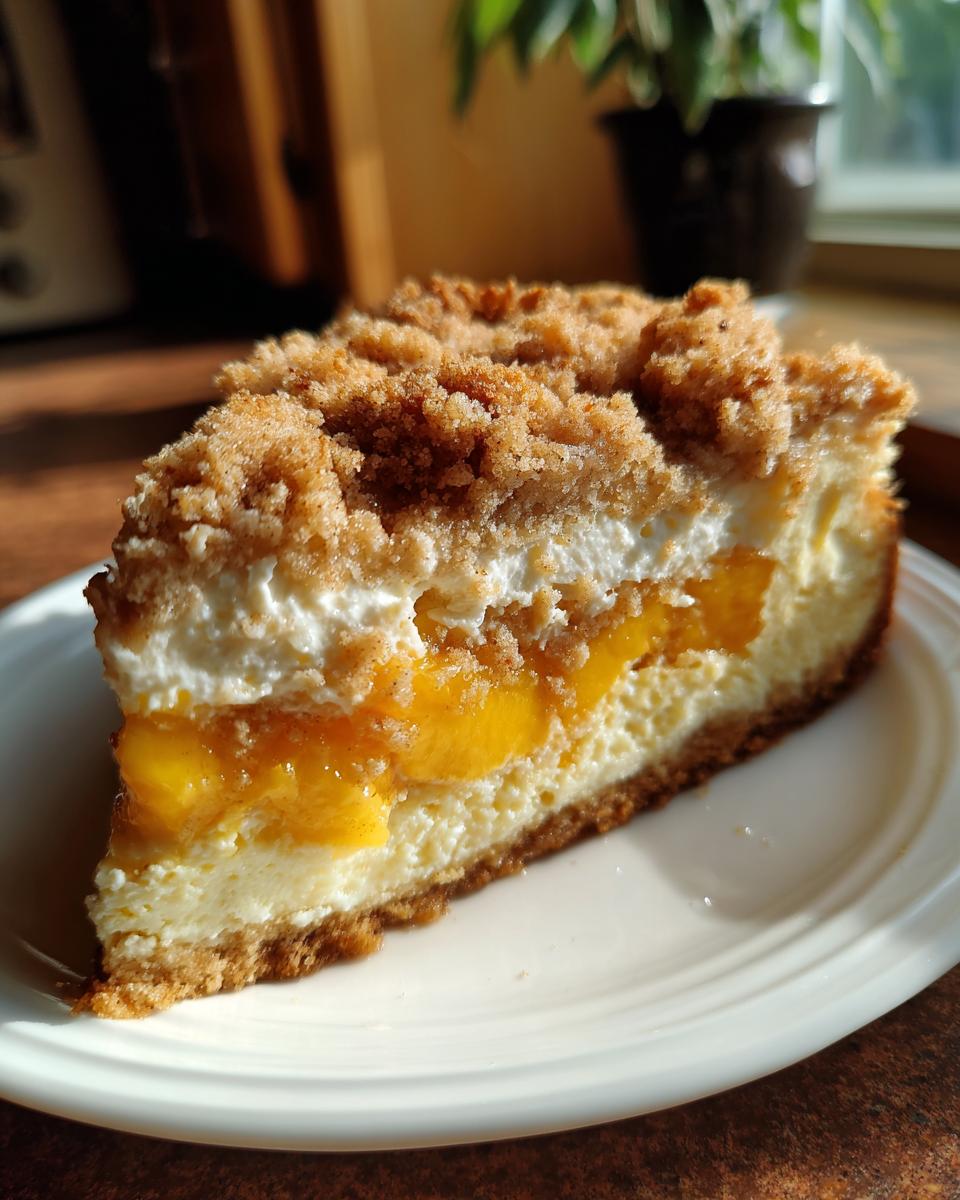 A thick slice of peach cobbler cheesecake showing layers of crust, creamy filling, peaches, and a brown sugar crumble topping.
