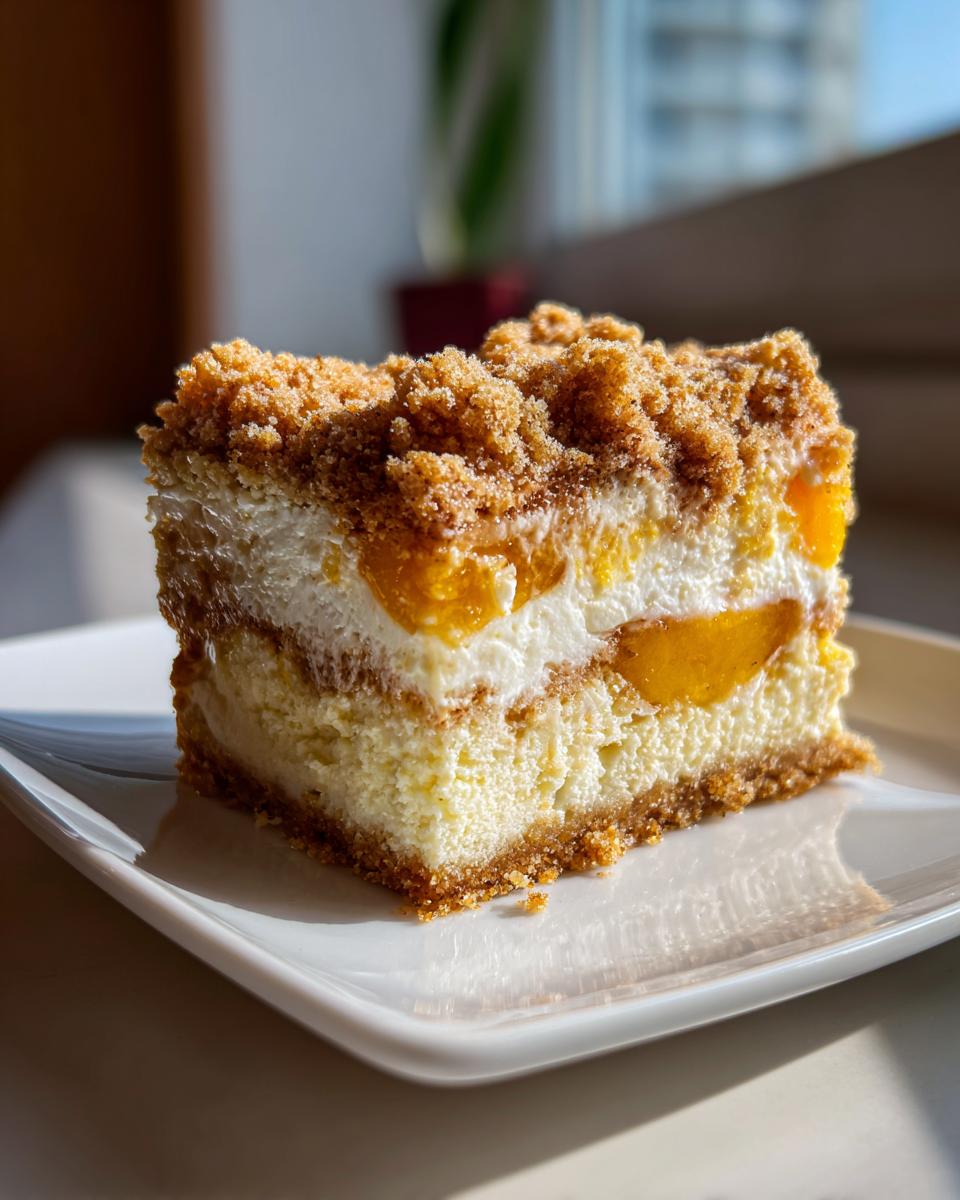 A decadent slice of peach cobbler cheesecake featuring a graham cracker crust, creamy filling, peach layers, and a thick crumble topping.