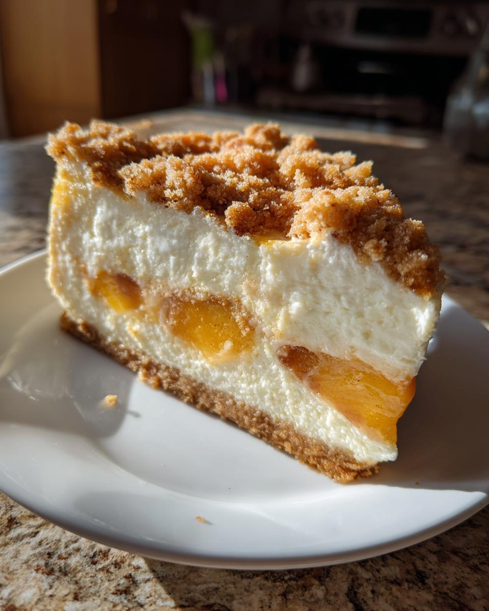 A thick slice of peach cobbler cheesecake featuring layers of creamy filling, visible peach chunks, and a brown crumble topping.