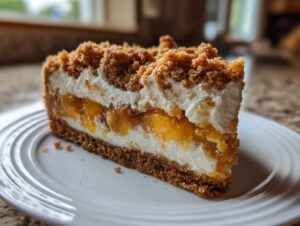 A close-up of a decadent slice of peach cobbler cheesecake showing layers of crust, cream cheese, peaches, and crumble.