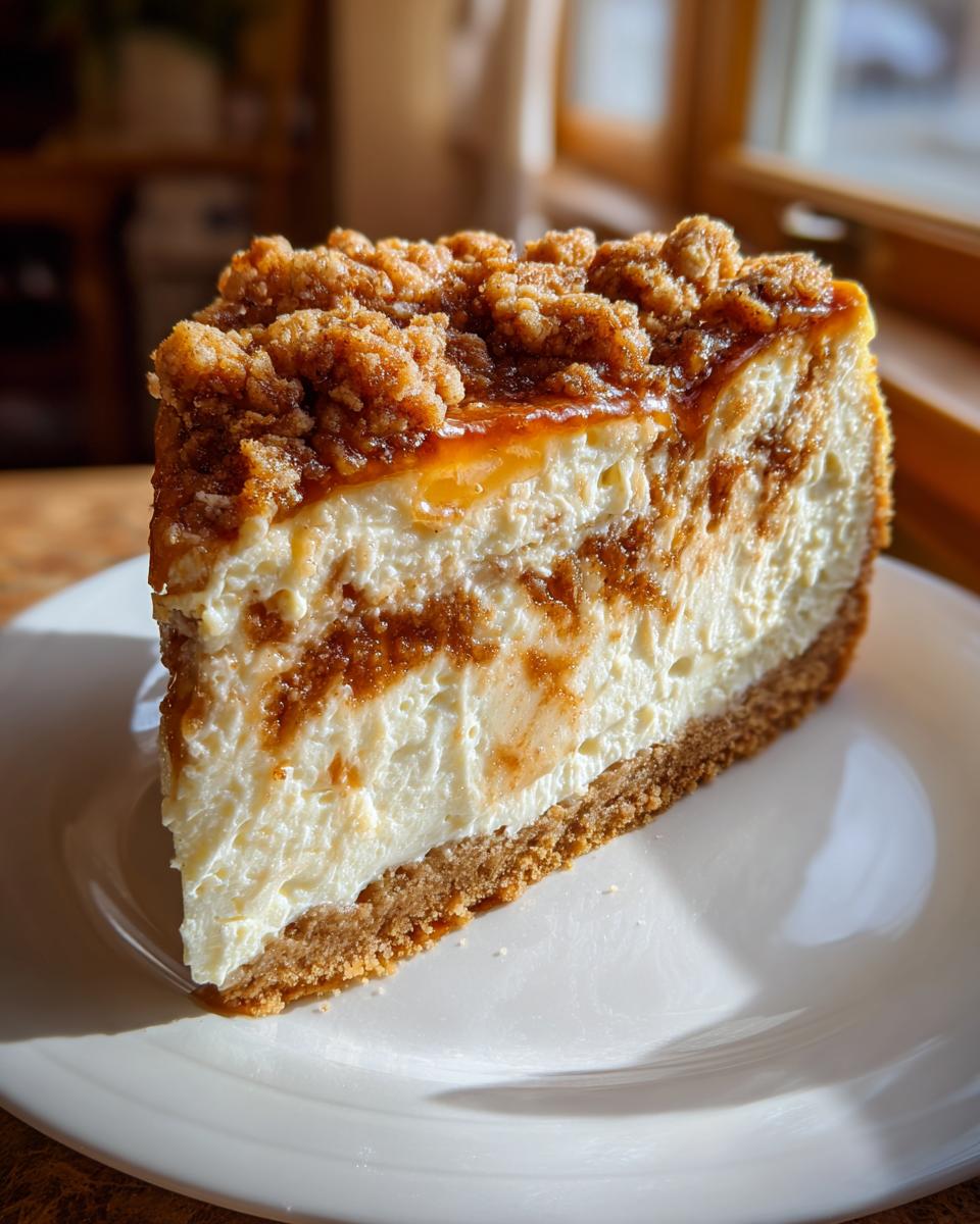 A perfect slice of peach cobbler cheesecake featuring a graham cracker crust, creamy filling, and a brown sugar crumble topping.