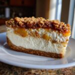 A thick slice of peach cobbler cheesecake showing the graham cracker crust, creamy filling, peaches, and crumble topping.