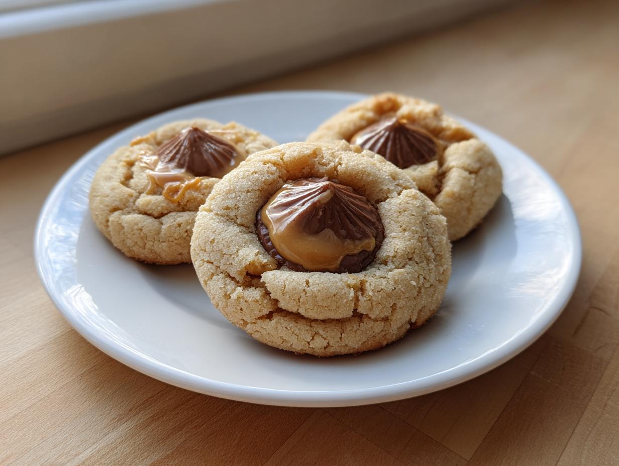 Three freshly baked peanut butter cup cookies resting on a white plate, featuring melted peanut butter filling.