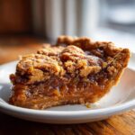 Close-up of a gooey slice of pecan pie cobbler recipe showing the rich caramel filling and crumb topping.
