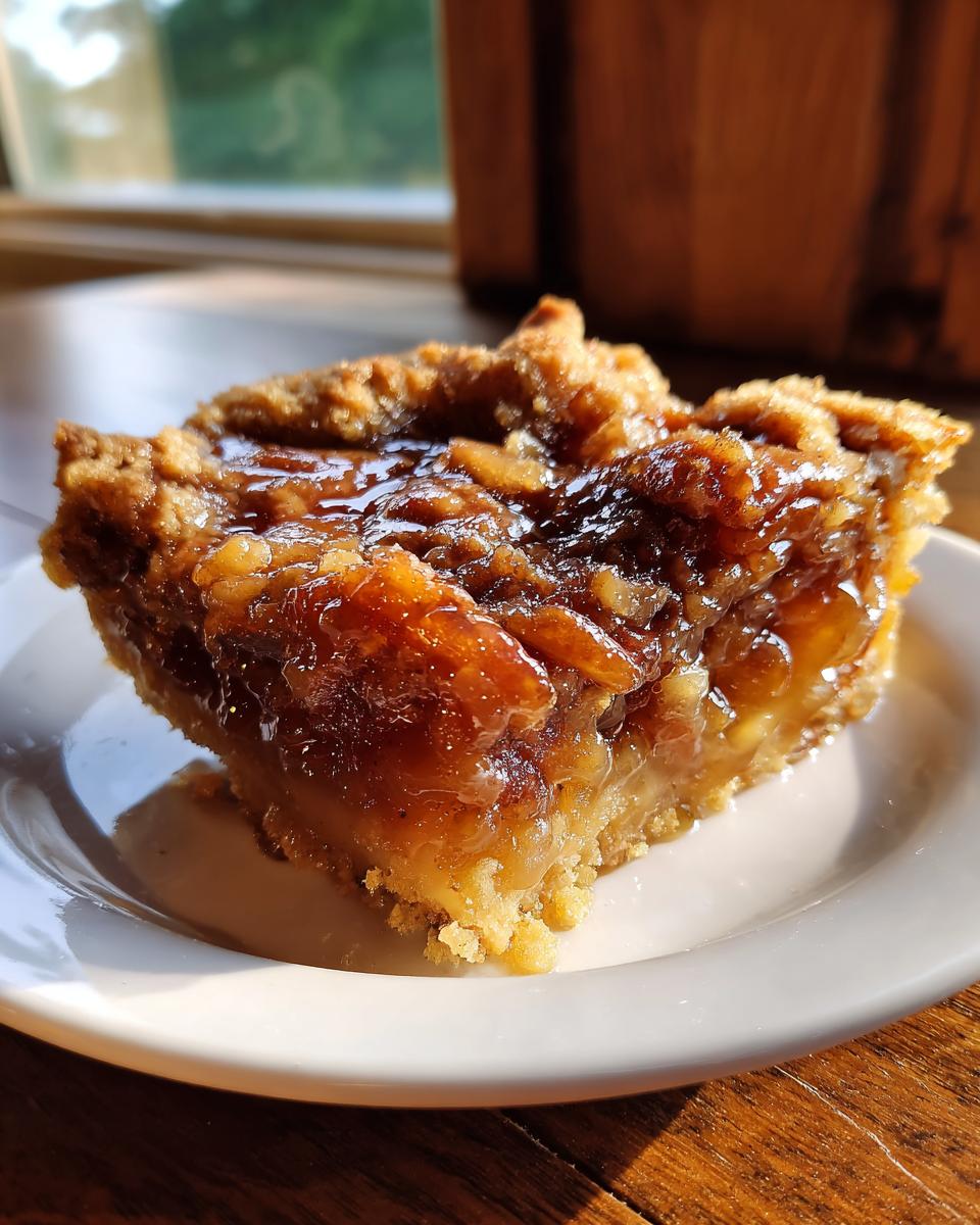 A close-up of a square slice of pecan pie cobbler recipe with a gooey, shiny topping on a white plate.