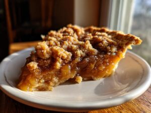 Close-up of a gooey slice of pecan pie cobbler recipe, featuring a rich filling and crumbly topping.