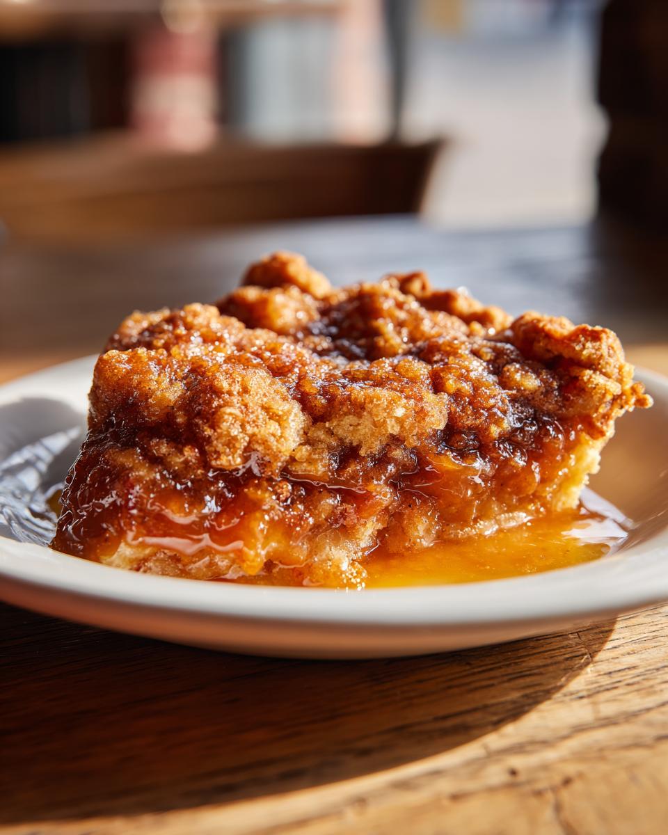 Close-up of a gooey slice of pecan pie cobbler recipe served on a white plate with syrup pooling.