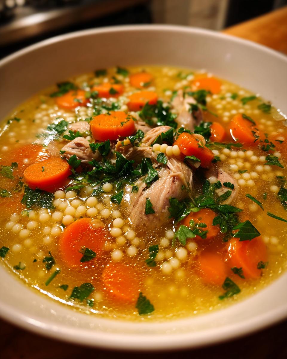 Close-up of a warm bowl of penicillin soup featuring shredded chicken, round carrot slices, small pasta pearls, and fresh parsley.
