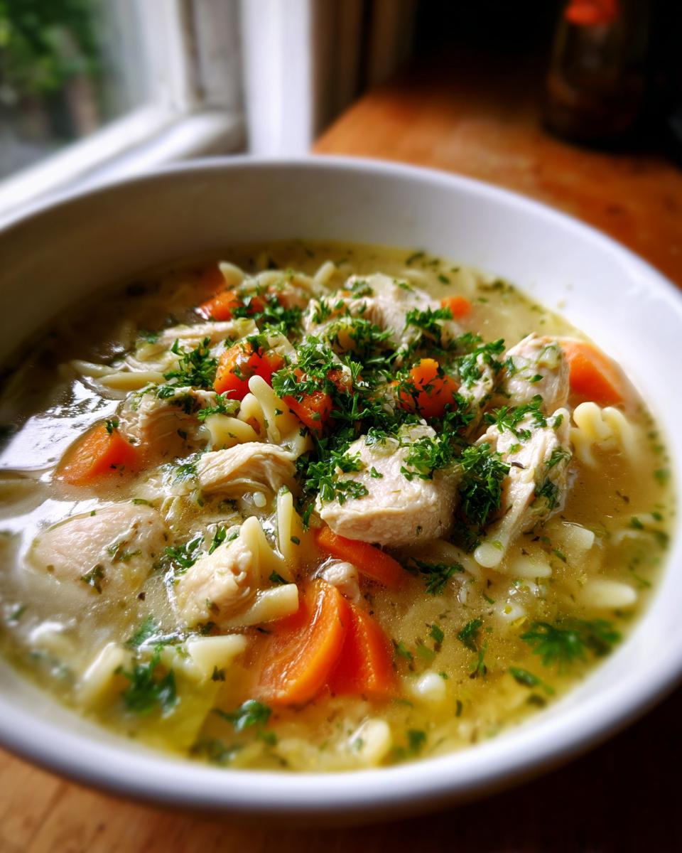 Close-up of a white bowl filled with steaming penicillin soup, featuring chunks of chicken, sliced carrots, noodles, and fresh parsley.