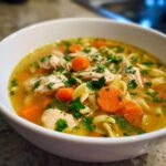Close-up of a white bowl filled with warm penicillin soup featuring shredded chicken, sliced carrots, egg noodles, and fresh parsley.
