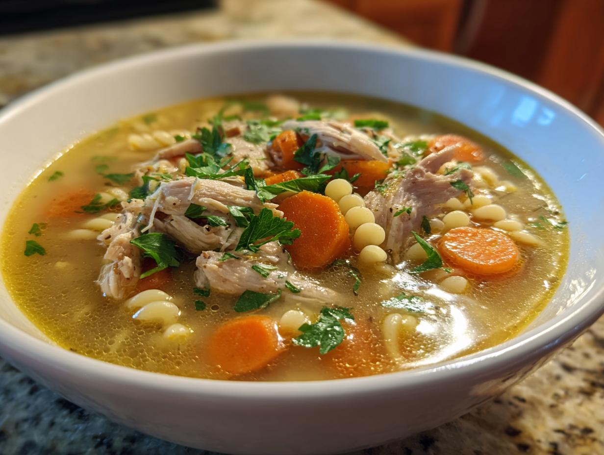 Close-up of a white bowl filled with rich, clear penicillin soup featuring shredded chicken, sliced carrots, small pasta, and fresh parsley.