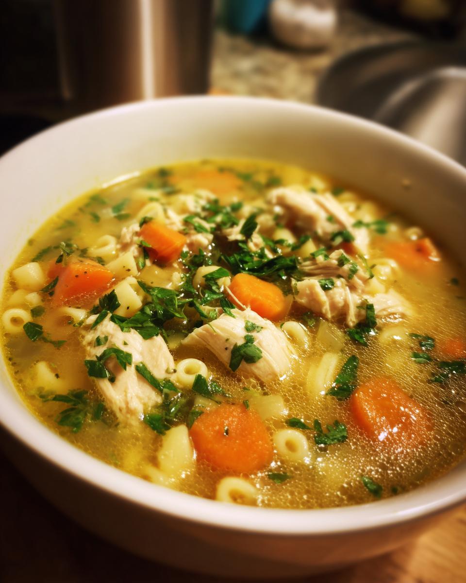 Close-up of a white bowl filled with steaming penicillin soup, featuring shredded chicken, sliced carrots, and elbow macaroni.