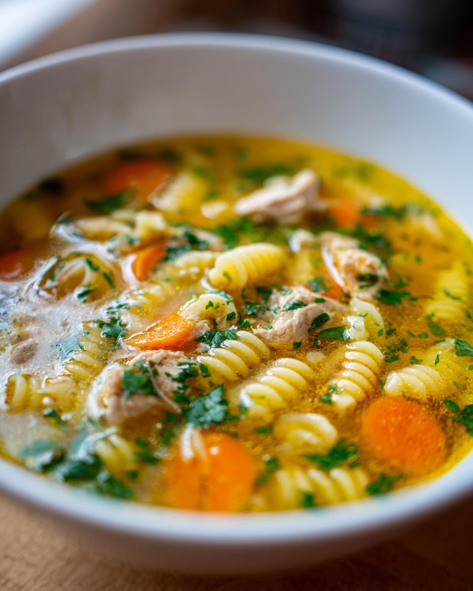 Close-up of a steaming bowl of penicillin soup featuring rotini pasta, shredded chicken, bright orange carrots, and fresh parsley.