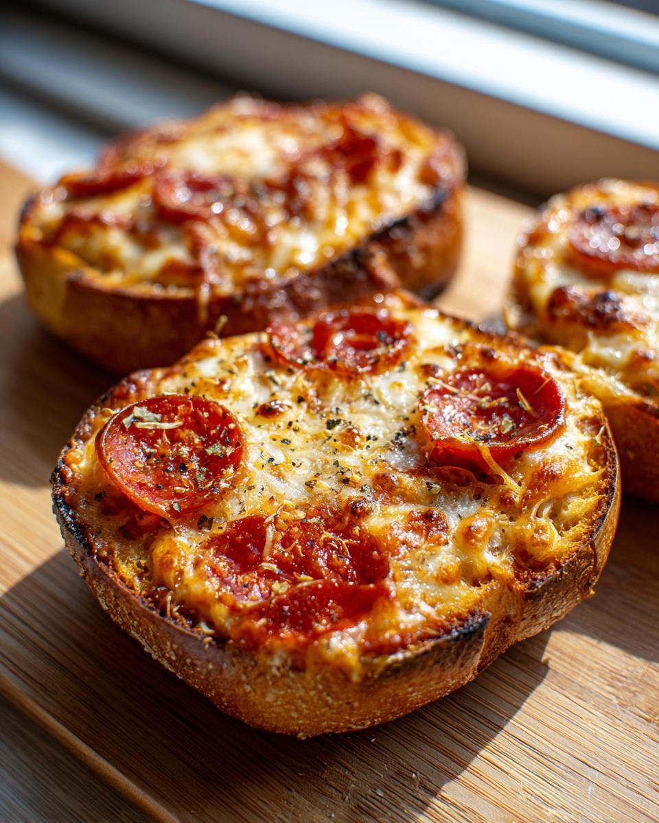 Close-up of three baked pepperoni pizza bagels topped with melted, bubbly cheese and herbs on a wooden board.