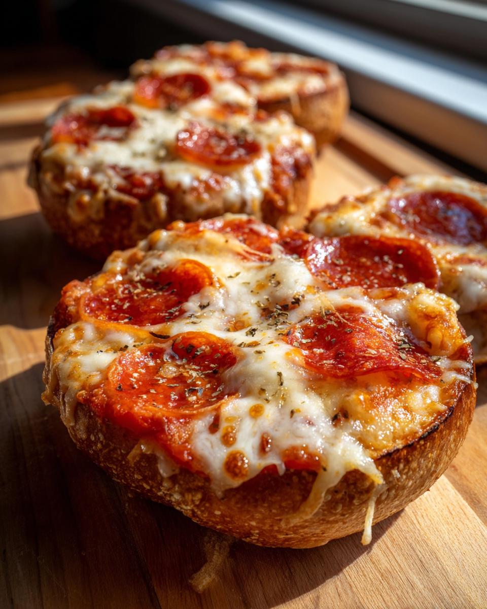 Three freshly baked pepperoni pizza bagels topped with melted, bubbly cheese and herbs, resting on a wooden board.