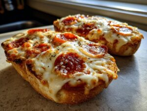 Two halves of toasted bread topped with melted mozzarella, pepperoni slices, and herbs, resembling quick pizza bagels.