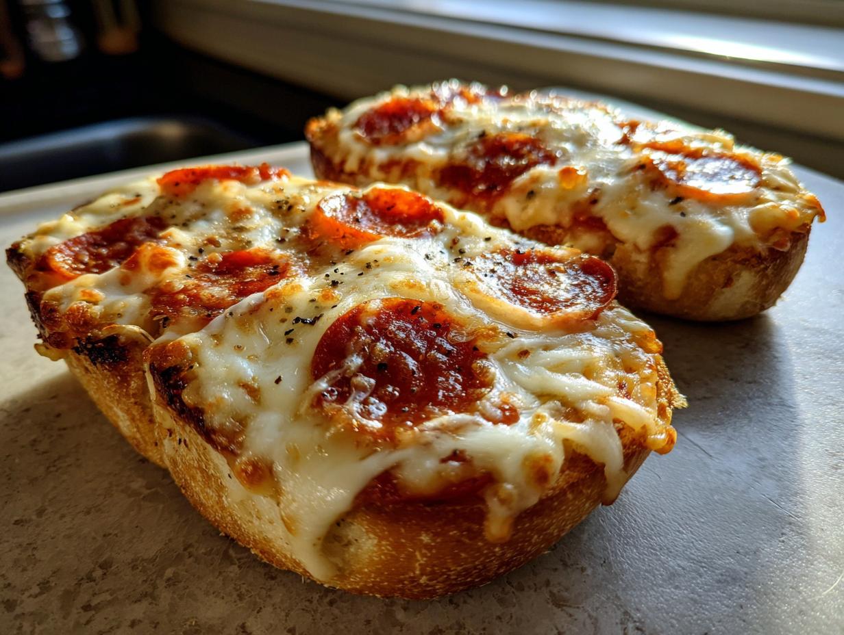 Two halves of toasted bread topped with melted mozzarella, pepperoni slices, and herbs, resembling quick pizza bagels.