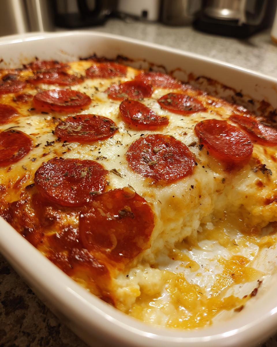 Close-up of a bubbling, baked pepperoni pizza dip topped with melted cheese and herbs in a white baking dish.