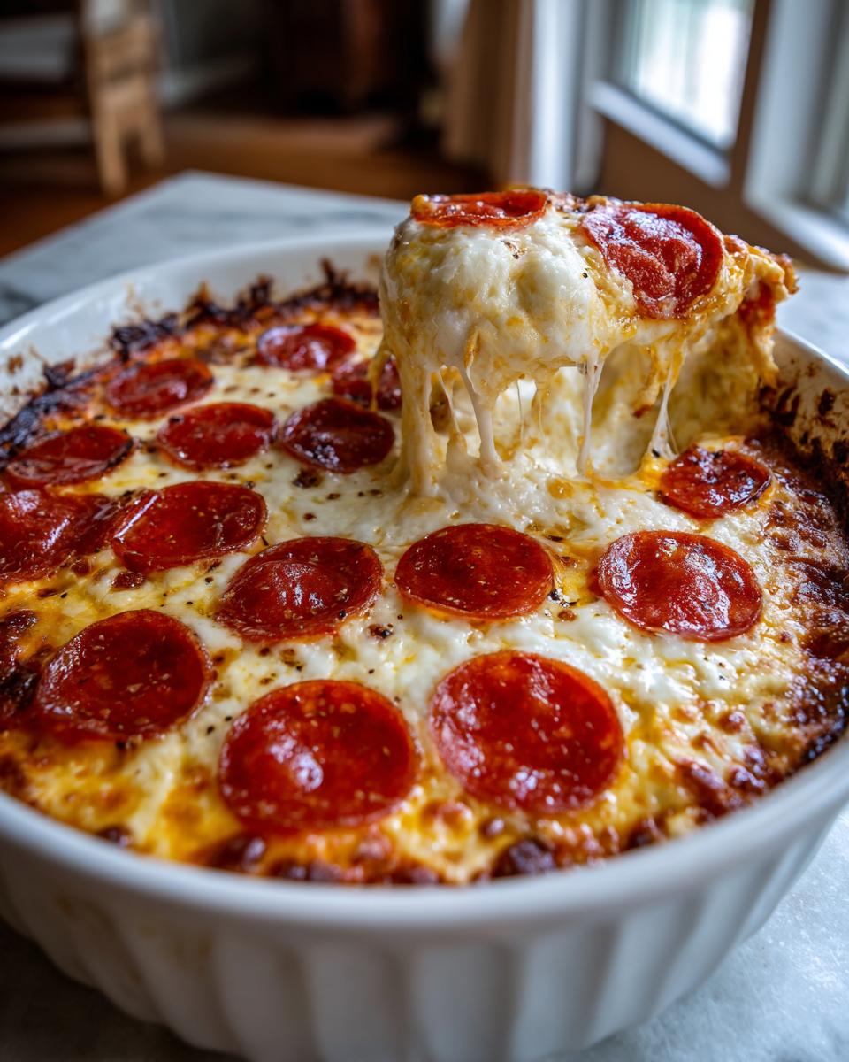 A scoop being lifted from a baked pepperoni pizza dip, showing an incredible, long cheese pull.
