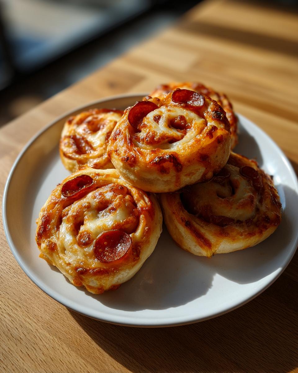 A stack of freshly baked pepperoni pizza pinwheels with melted cheese served on a small white plate.