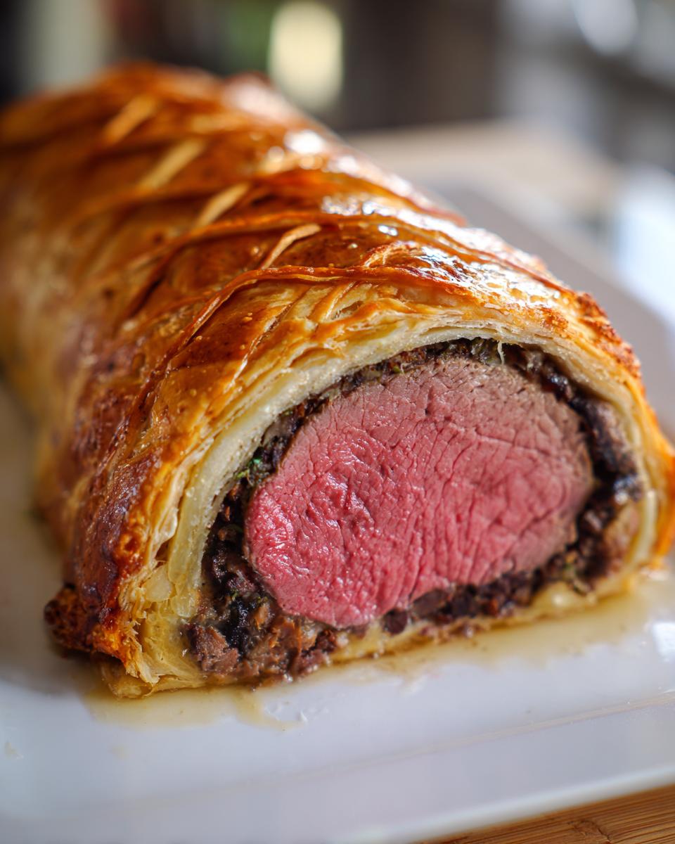 Cross-section of a golden, flaky pastry beef wellington recipe showing medium-rare pink tenderloin.