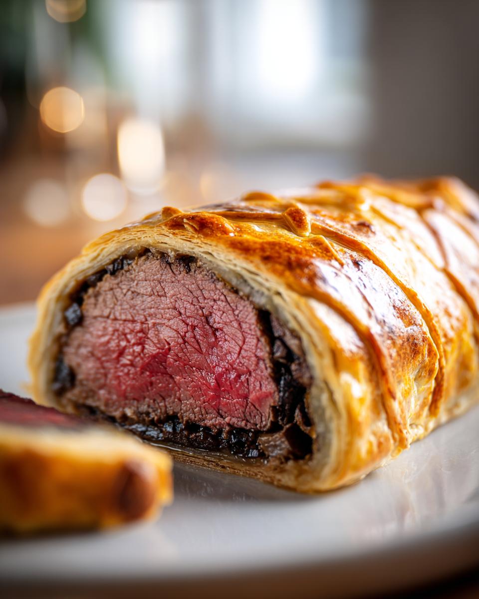 Cross-section of a perfectly cooked beef wellington recipe showing medium-rare center and golden pastry.