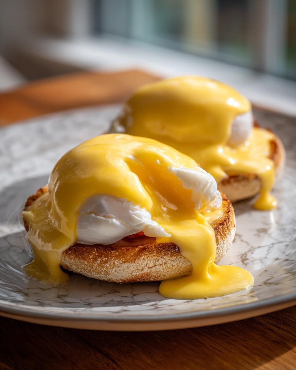 Two servings of classic eggs benedict featuring poached eggs and rich hollandaise sauce on toasted English muffins.