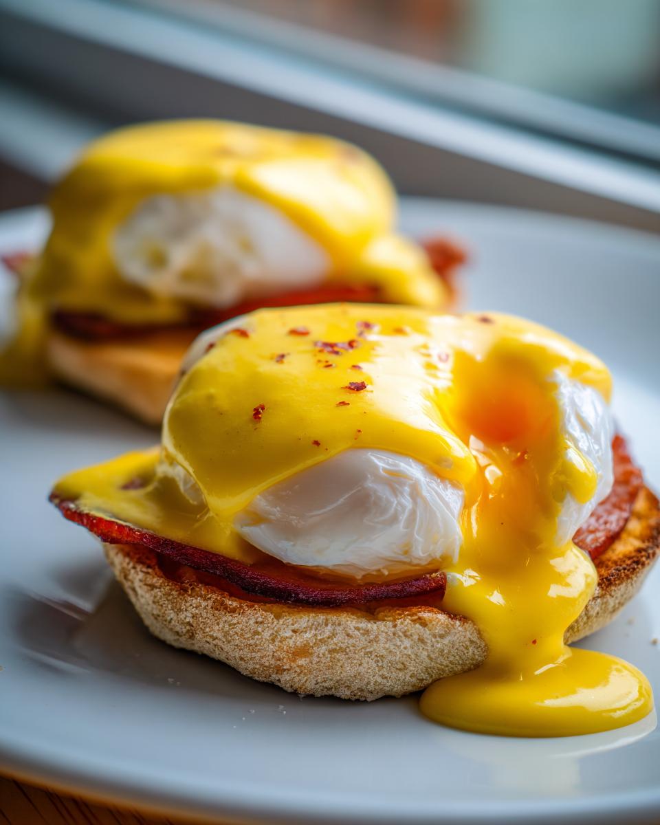 Close-up of two servings of eggs benedict on an English muffin, topped with poached eggs and rich yellow hollandaise sauce.