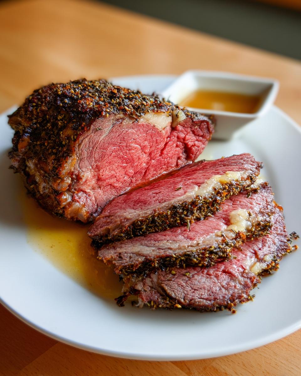 Close-up of perfectly cooked medium-rare prime rib, sliced and showing a dark herb crust, served with au jus.