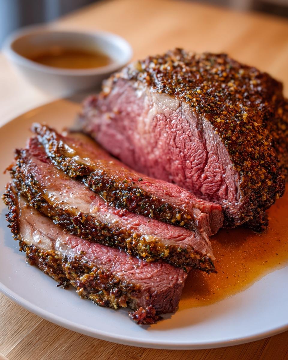 Close-up of a perfectly cooked prime rib roast, sliced to show medium-rare center and thick herb crust.