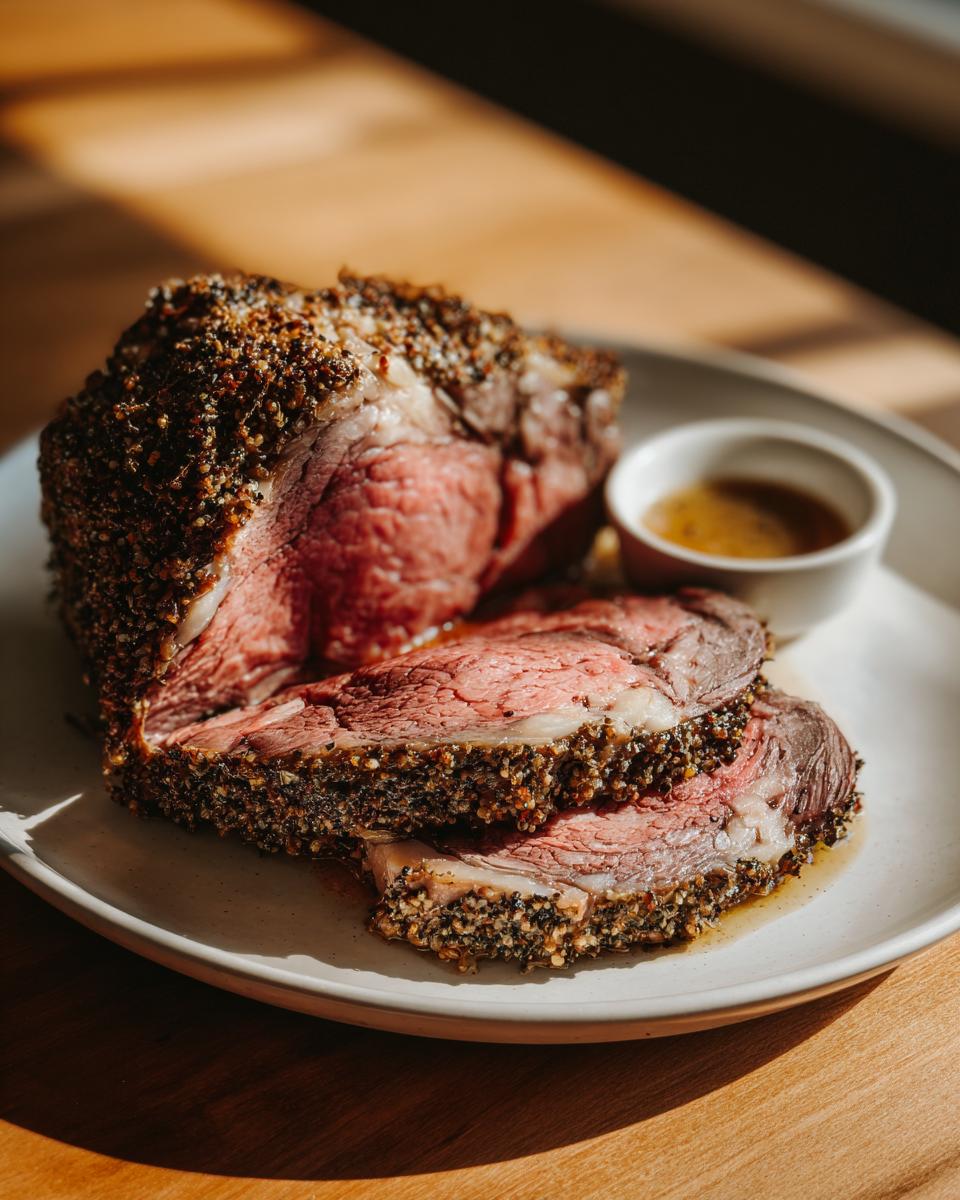 Slices of medium-rare prime rib roast featuring a dark, heavily seasoned crust, served with au jus.