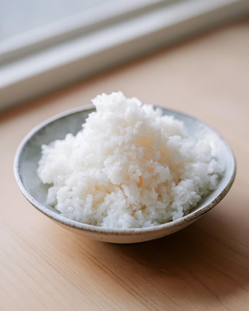 Close-up of freshly cooked, glossy sushi rice piled high in a small, rustic ceramic bowl.