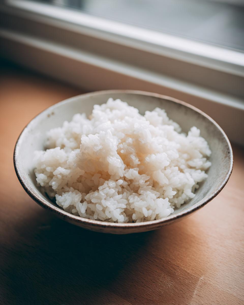 Close-up of perfectly cooked, fluffy white sushi rice served in a small, rustic ceramic bowl.