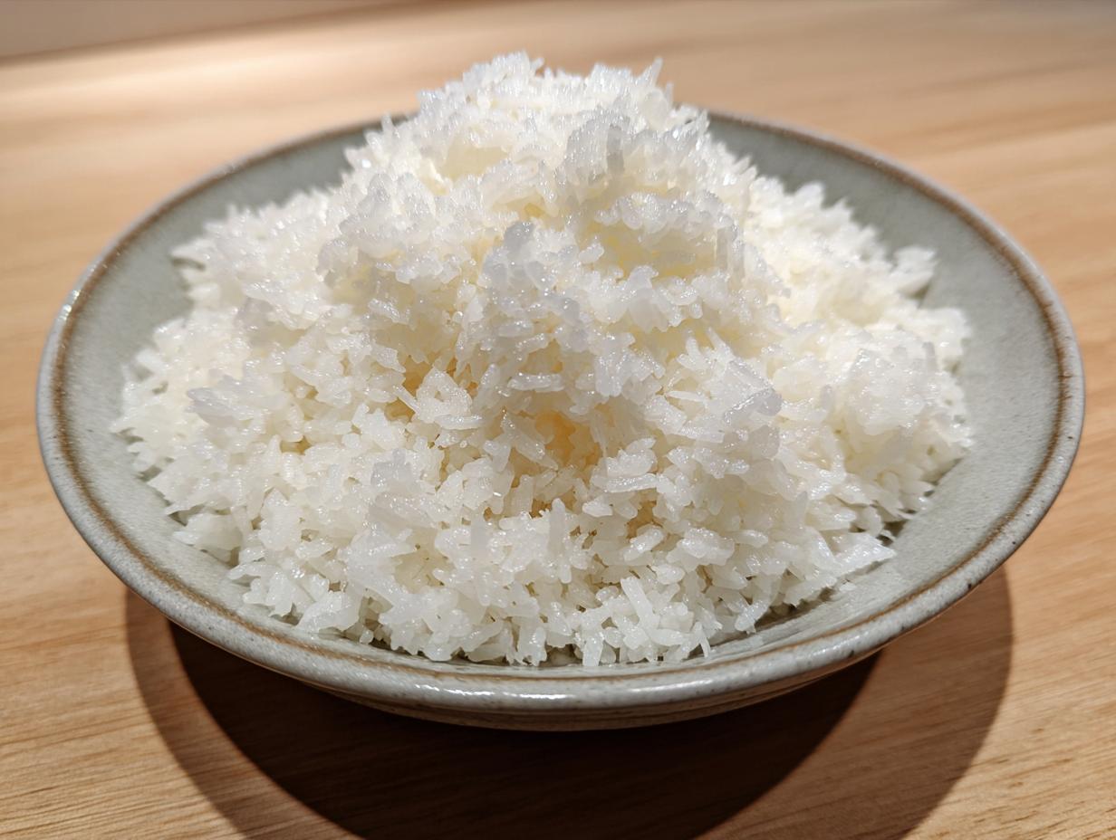 Close-up of fluffy, glossy, perfectly cooked sushi rice piled high in a rustic grey ceramic bowl.