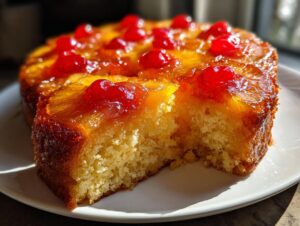 A slice cut from a moist pineapple upside down cake, topped with caramelized pineapple rings and maraschino cherries.